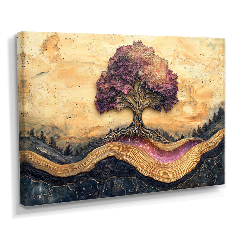 Burgendy, arbre de vie sur pierre, rivière I - Art mural encadré arbre de vie, H 34 po x l 44 po, Toile tendue