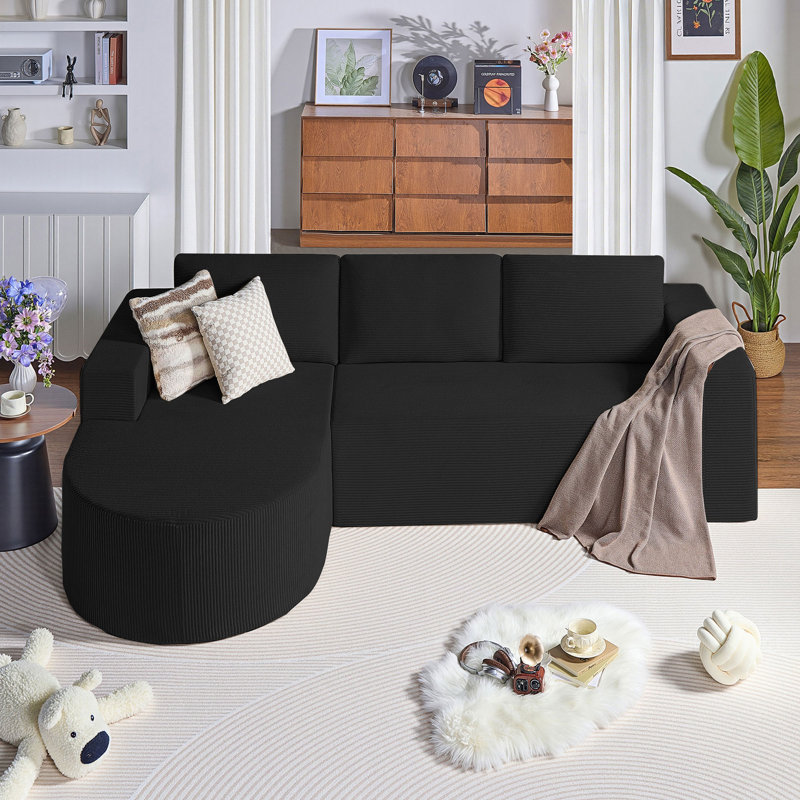 104.92" Corduroy L-shaped Compression Couch Sectional Sofa with Comfortable Chaise, Black
