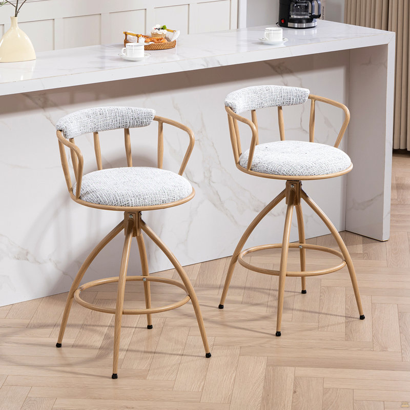 Tabouret de bar pivotant de 26 po de hauteur comptoir, ensemble de 2 sièges en tissu avec structure en métal imprimée par transfert d'eau