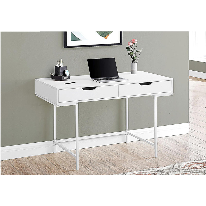 Bureau d'ordinateur, bureau personnel, ordinateur portable, tiroirs de rangement, l 48 po, travail, stratifié blanc, métal blanc, contemporain, moderne