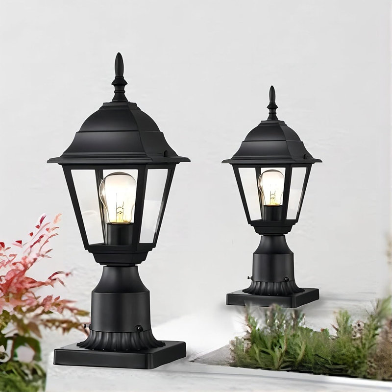 Outdoor Post Lights 2 Pack Waterproof Outside Post Lantern With 5.9’‘ Pier Mount Base Exterior Pillar Lantern Outside Lamp Post Light Fixture With Matte Black Aluminum And Clear Glass