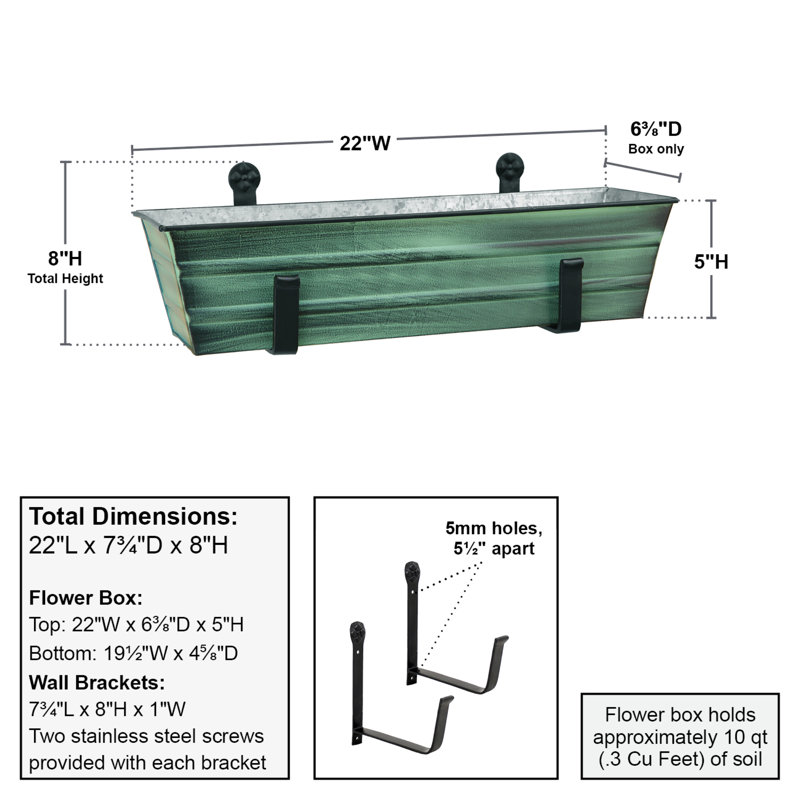 Small Green Galvanized Metal Flower Box with Wall Brackets
