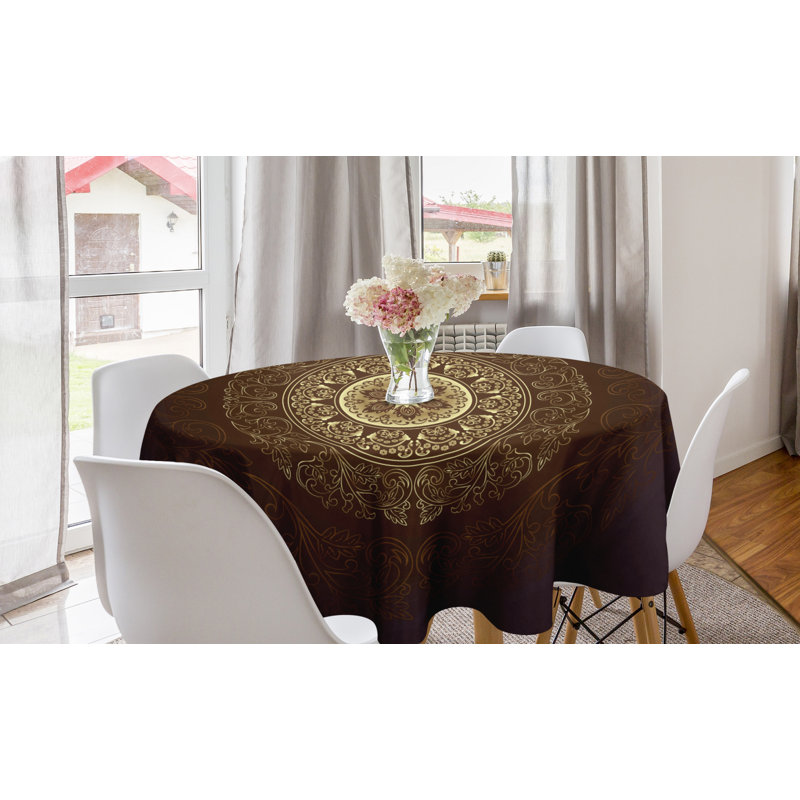 Ambesonne Mandala Round Tablecloth, Universe Spiritiual Culture Vintage Floral Motif, Circle Table Cloth Cover For Dining Room Kitchen Decoration, 60", Chestnut Brown Yellow