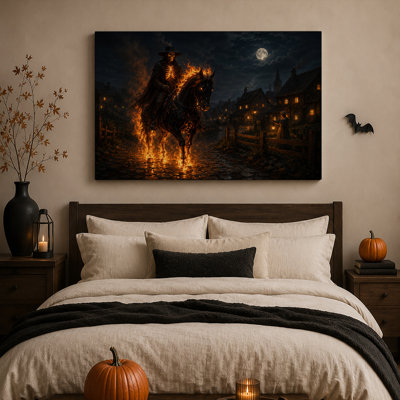 Fiery Skeleton Rider On Black Horse In Moonlit Halloween Canvas Wall Art