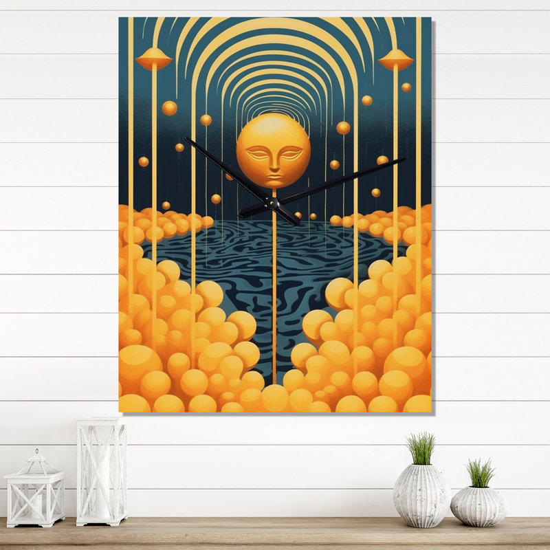 Sphère dorée, paysage futuriste abstrait - horloge murale moderne paysage abstrait, H 32 po x l 24 po x P 1 po