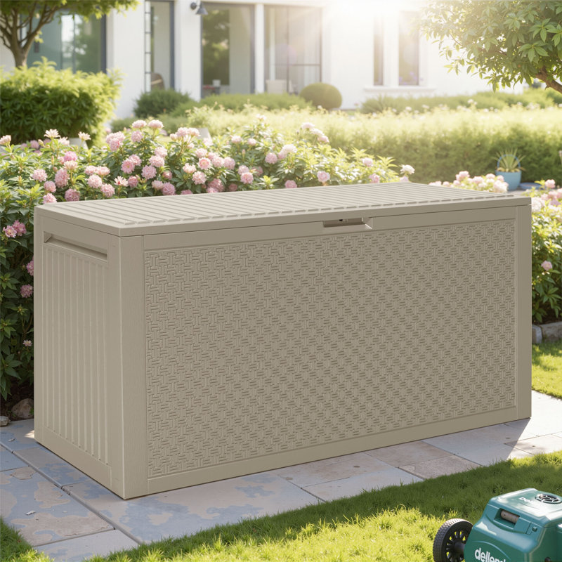 Motif de labyrinthe de terrasse en résine 90GAL pour l'extérieur, meubles de rangement pour jouets de jardin pour le jardin, table de banc de rangement MAX 485LBS pour porche