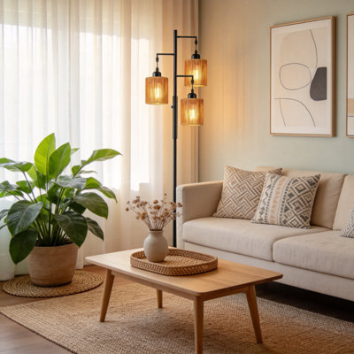 Boho Rattan Style Floor Lamp with Hand-Woven Paper Cord Shade, Dimmable Industrial Tree Standing Lamp, (Black+Light Brown)
