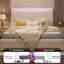 Grand lit tapissier beige avec tête de lit capitonnée, 2 tiroirs de rangement et lumières DEL-1284277564-1286894440