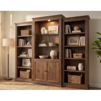 3-pieces Bookcase, Display Cabinet With Led Ceiling Light, Retro Style Bookshelves With Tempered Glass Shelves