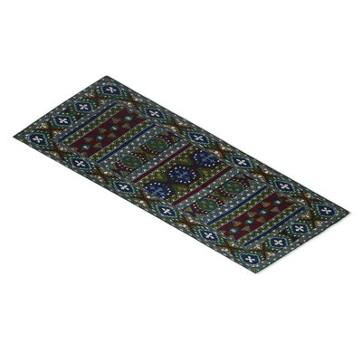 Tapis en laine vert/bleu/bourgogne fait main kashmira dhurrie Nitya
