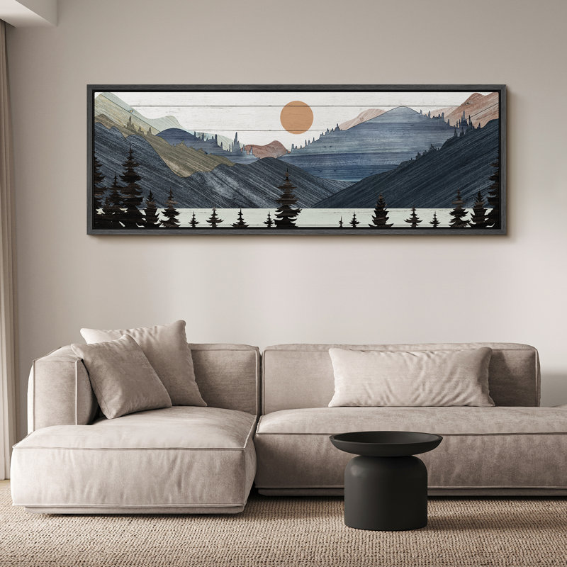 «Western Wood Effect Landscape Twilight Serenity Stylized Mountain and Forest», reproduction encadrée sur toile, Black