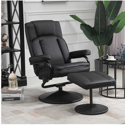 Swivel armchair, manual PU leather armchair, with ottoman footstool, suitable for living room, office, bedroom, black
