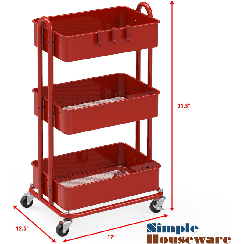 Simple Houseware 3-Tier Heavy Duty Metal Utility Rolling Cart, Red