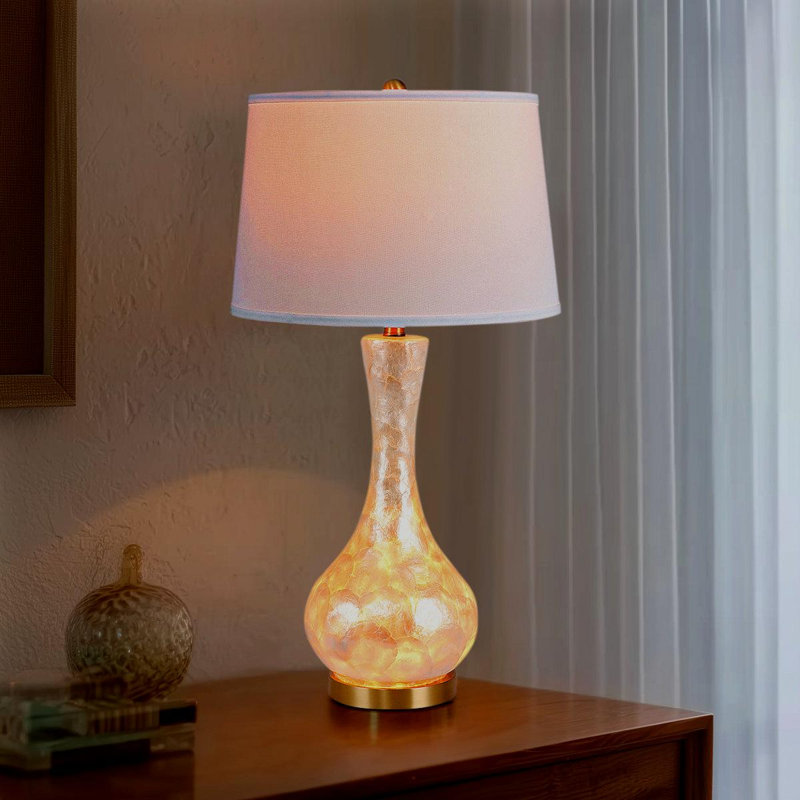 28'' Tall Coastal Shell Table Lamps, 2-in-1 Lighting- Top/ Night Light, 4-Way Control, Decorative Living Room Bedroom Decor, Beach Accent Lamp with White Linen Shade, Handcrafted