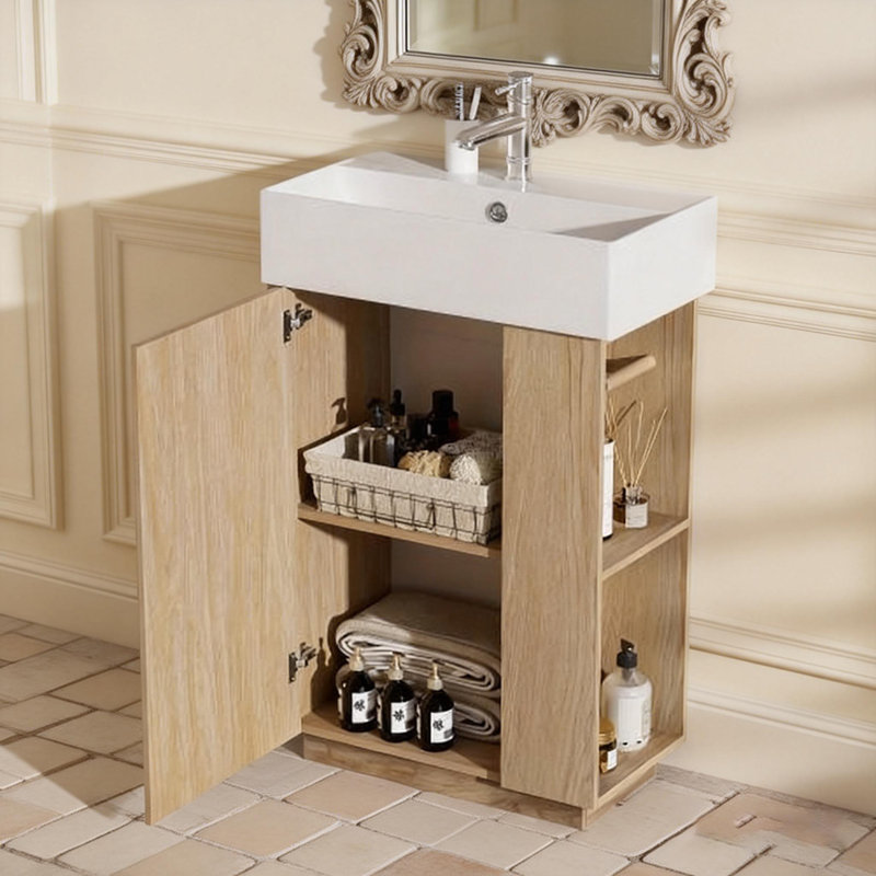 Meuble-lavabo compact de 21,6 pouces avec lavabo en céramique, armoire à grain de bois et rangement double pour les petites salles de bain