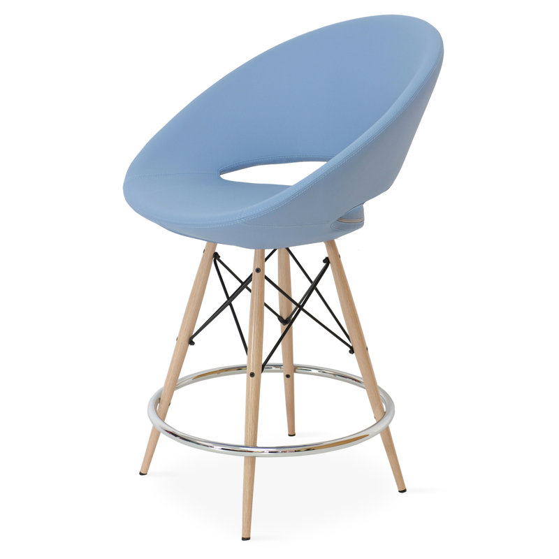 Crescent 24" Counter Stool, Natural Tubes/Chrome Wires, Sky Blue/Leatherette