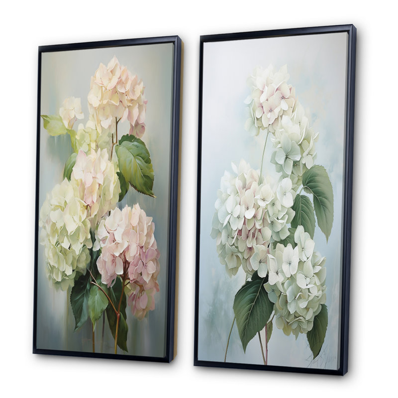 Hortensias blanches et blanches «Whispering Blooms» - 2 pièces, Cadre noir, H 32 po x l 32 po