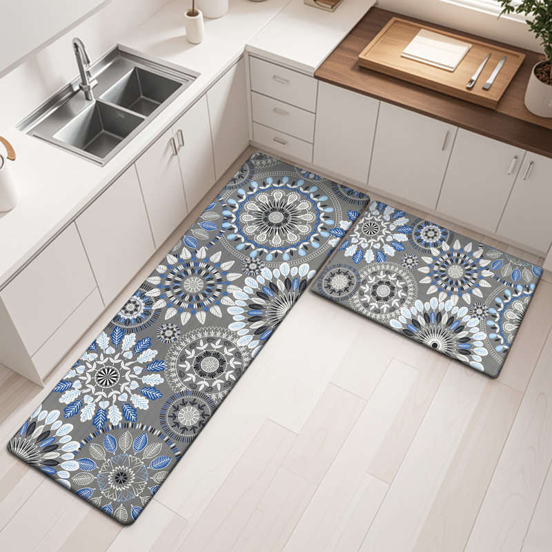 Jalissia Anti-Fatigue Non-Skid Kitchen Mat, Gray/Blue/Black/White, Runner 20" x 31.5" + 20" x 59"