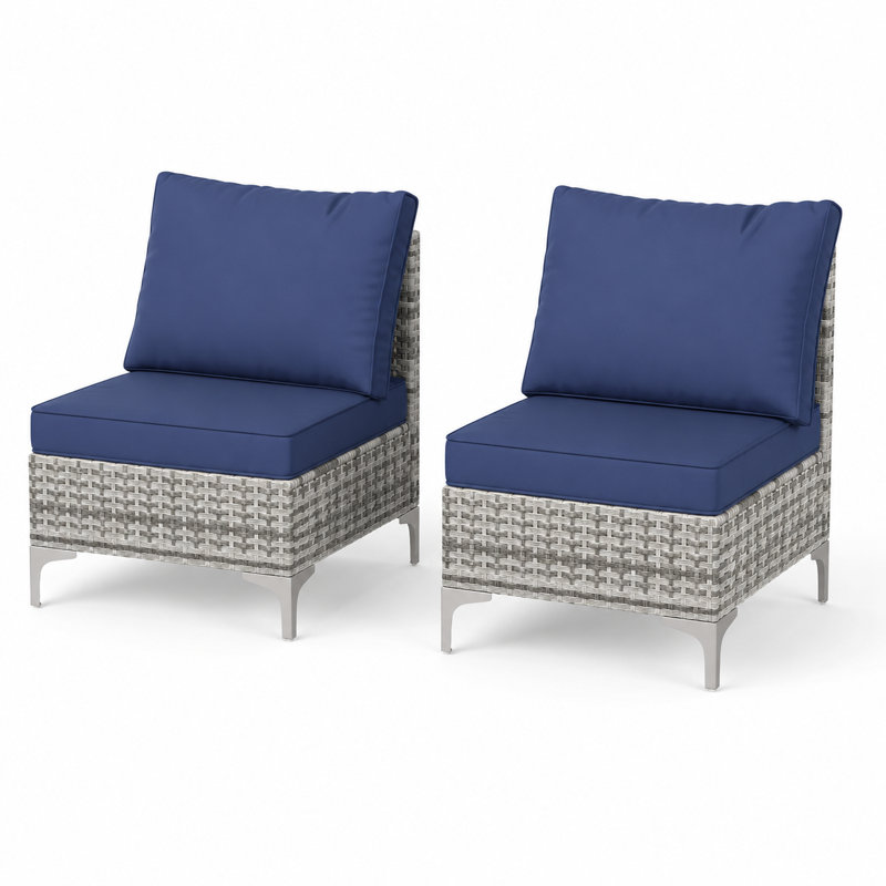 2-Piece Premium Wicker Patio Armless Chairs, Gray, Blue