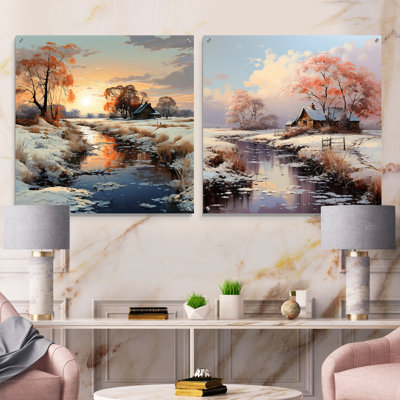 Farm And River Winter Scenery - Farm Acrylic Wall Art Glass Set Of 2