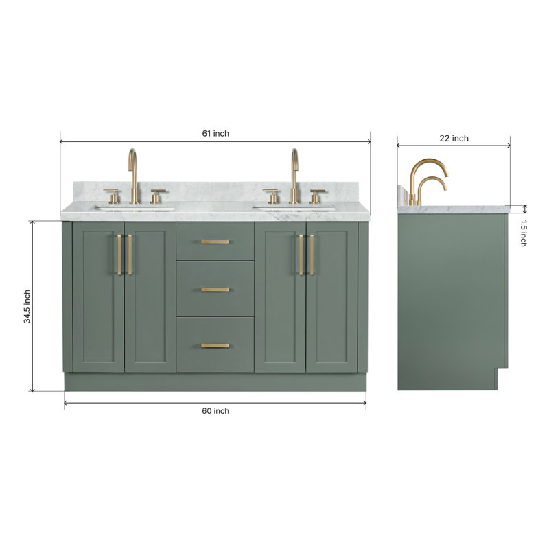 Meuble-lavabo double rectangulaire de 155 cm avec comptoir en marbre blanc de Carrare de 3,8 cm d'épaisseur, couleur vert vintage