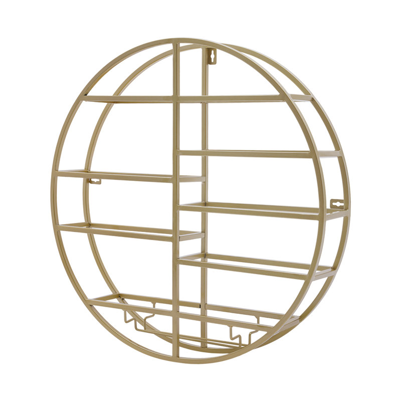 23.62Inch Wall Mounted Round Wine Bottle & Glass Rack Wine Display Shelf With Glass Holder Gold, Gold