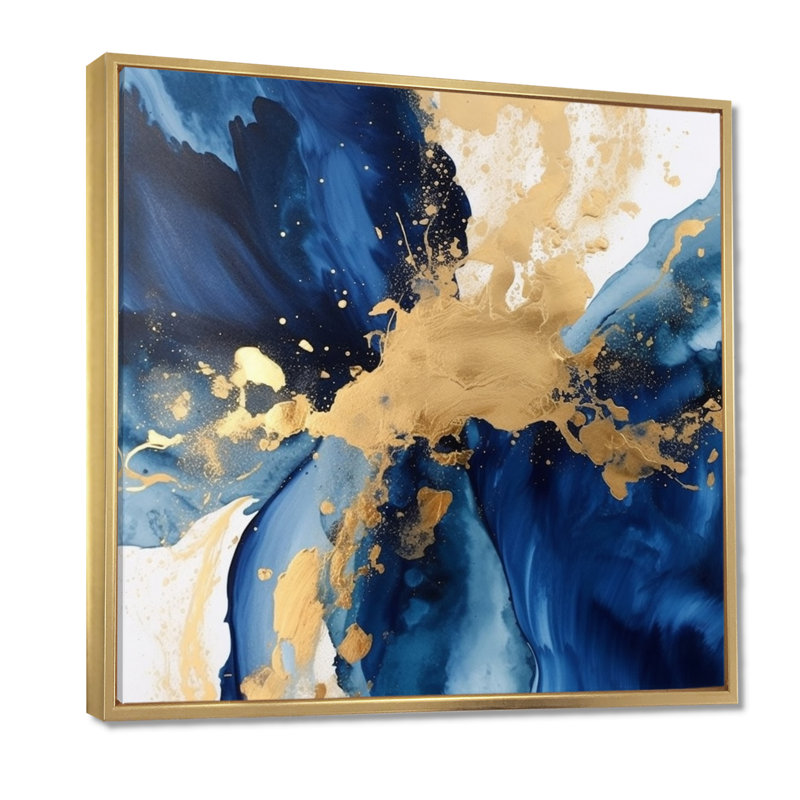 «Dark Blue and Gold Strokes», art encadré, 44" H x 44" W, Cadre flottant doré