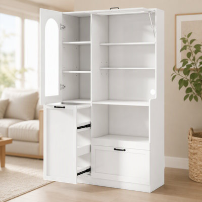 Grand garde-manger autoportant avec porte vitrée arquée, porte rabattable, tablettes coulissantes et rangement réglable pour une organisation élégante et efficace