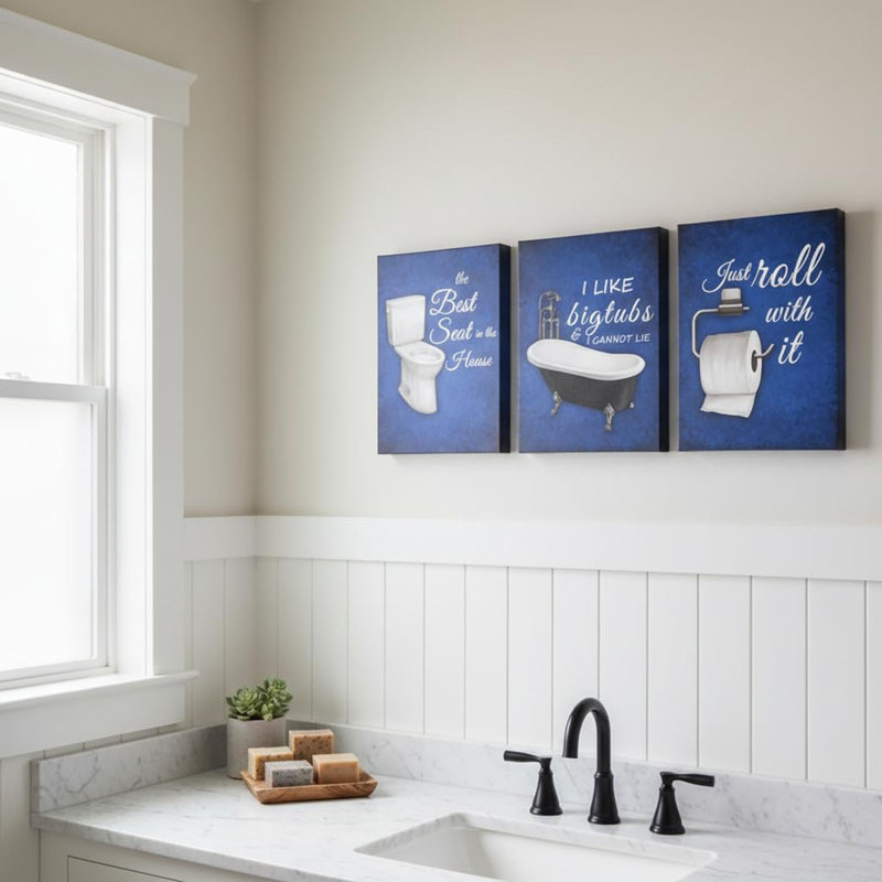 Blue Bathroom Decor Navy Bathtub Toilet Seat Wall Art Bathroom Rules Pictures Painting Framed 12x16 Inch Each (Blue)