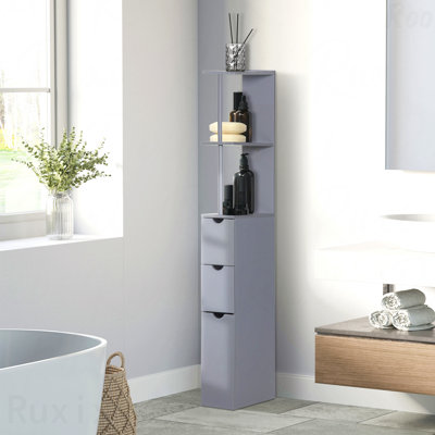 Armoire de rangement pour salle de bain de 54 po de hauteur, tour à linge autoportante avec tablette à 2 niveaux et tiroirs, rangement pour plancher étroit, gris