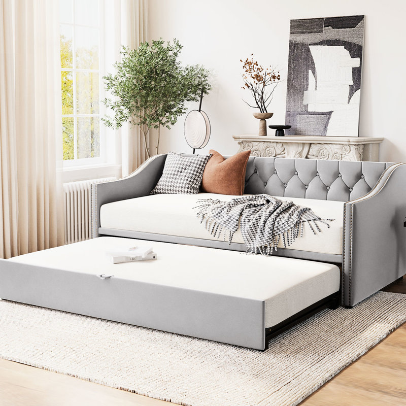 Lit de jour simple avec lit gigogne escamotable dans un revêtement gris confortable pour tout classique, Gris