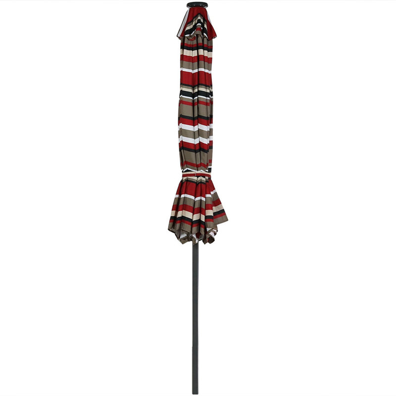 Parasol 9 'rayé avec lumières solaires et inclinaison / manivelle - rayé auvent, Brun / rouge / noir / blanc