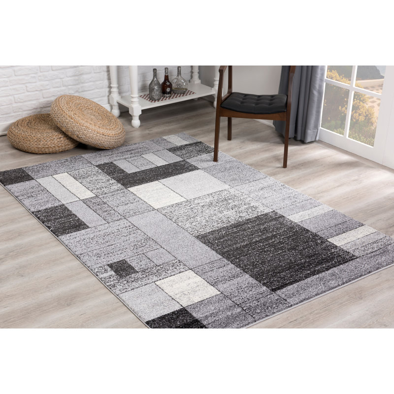 Tapis à motif géométrique gris / noir 7 pi x 9 pi (6 pi 6 po x 9 po 4 po) Branch Branch Sama, tapis contemporain, à poils moyens et résistant aux taches
