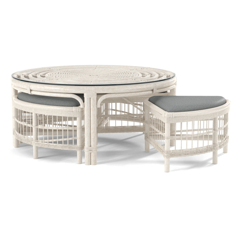 Raffles Rattan Cocktail Table with Benches, Antique Frost White, Blue Buffalo Check; 0120-61