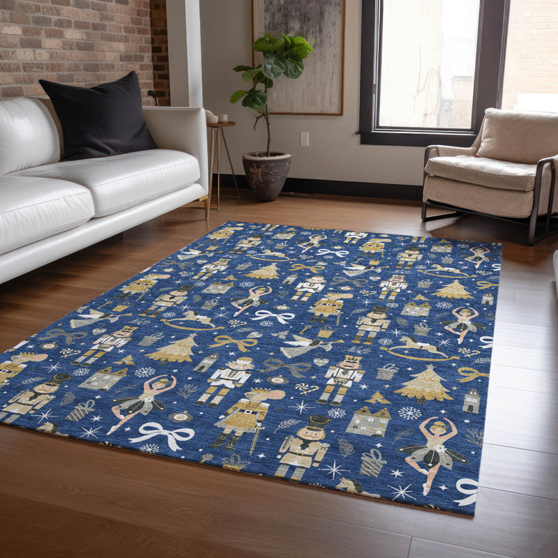 Nutcracker Navy 3' x 5' Synthetic Washable Rug