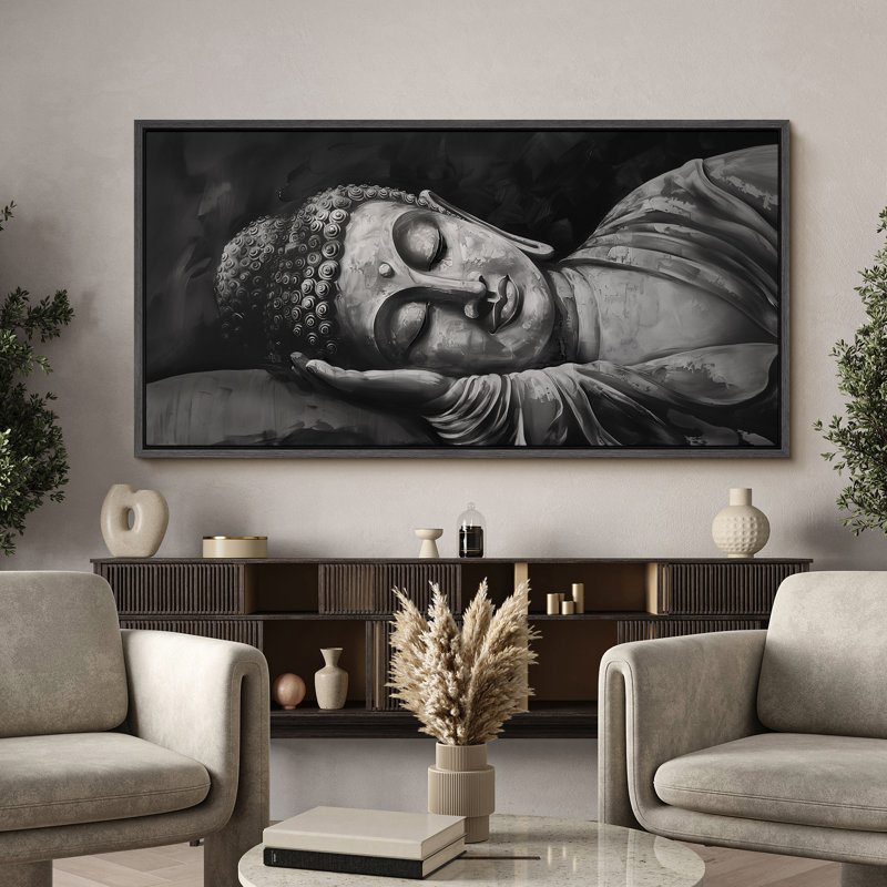 Bouddha endormi, art mural spirituel monochrome, Noir, H 30 po x l 60 po
