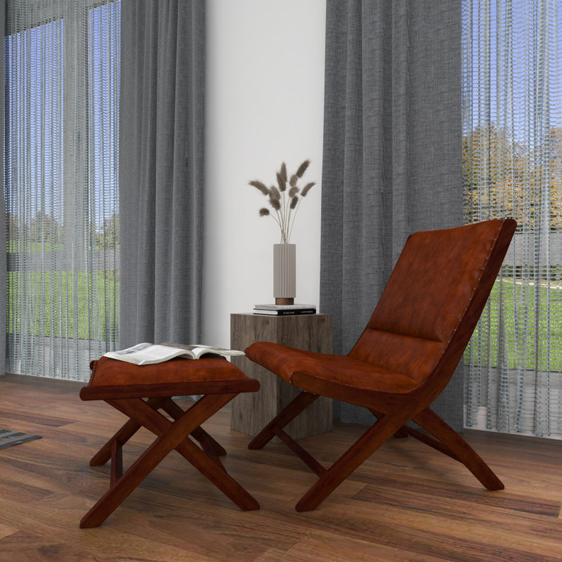 Doerun Upholstered Accent Chair with Ottoman, Brown Genuine Leather