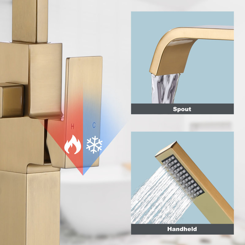 Gold Single Handle Floor Mounted Tub Filler with Handshower