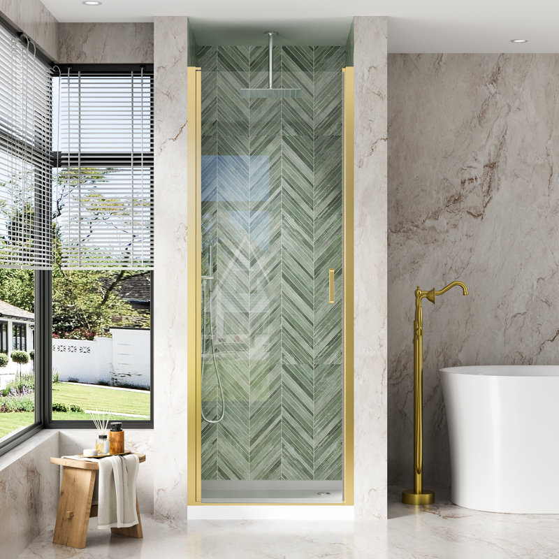 Porte de douche pivotante semi-sans cadre H 30 po x 72 po avec verre trempé transparent de 1/4 po (6 mm) et poignée, or brossé