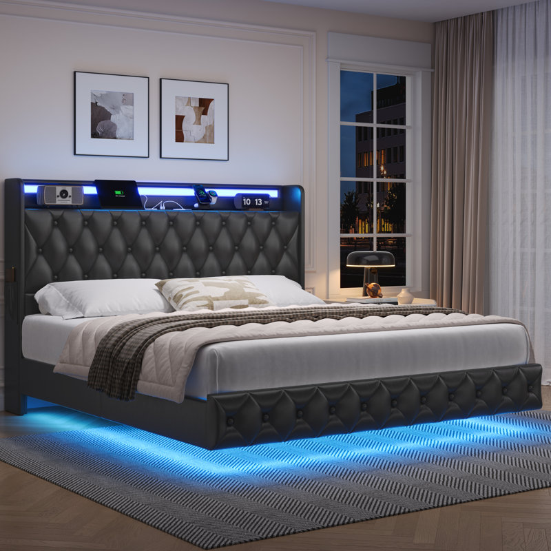 Upholstered Floating Bed With LED Lights, Charging Port, Black, King