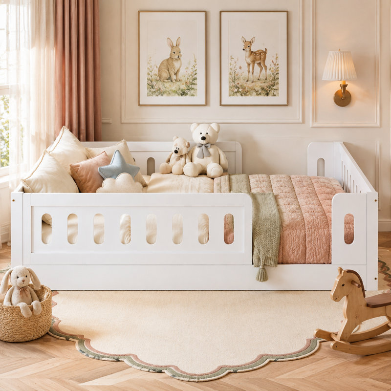 Cadre de lit plateforme en bois avec barrière de sécurité, lit de sol bas pour enfants et tout-petits, sommier non nécessaire