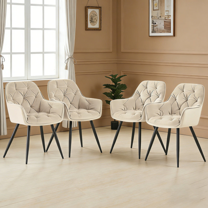 Runkle Upholstered Velvet Dining Chair with Arm, Beige