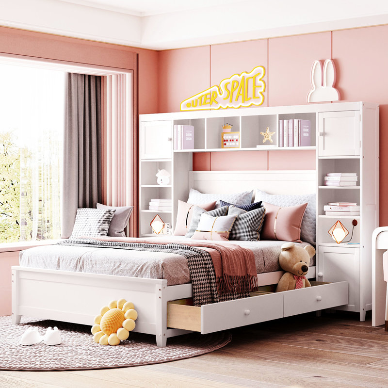 White Full Size Wood Bed With One Shelf And Cabinet - Stable Piece Solid Pine & Storage Quality Selection, White
