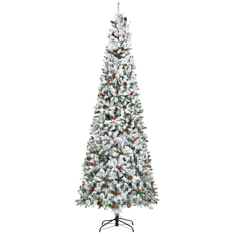 Arbre de Noël artificiel enneigé 9 pi avec pommes de pin et baies rouges HOMcom - ouverture automatique - vert, H 9 pi