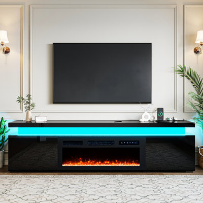 70.8"" Fireplace Tv Stand For 75 Inch Tvs, Modern Entertainment Centers With Led Lights, High Gloss Tv Console With 40"" Electric Fireplace And Power Ou -  Ivy Bronx, 07C2C8BCF1B5410085A9CAFA9078BED2