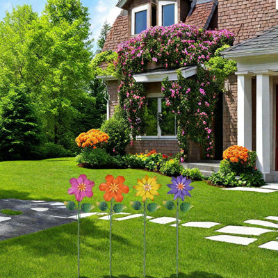 Metal Flower Decorative Outdoor Garden Stakes,4 Pcs 19"