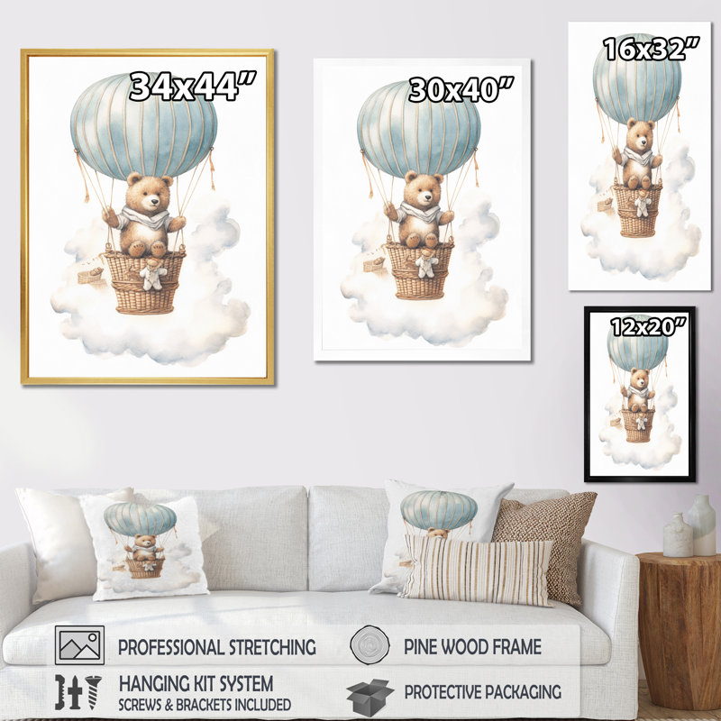 Nursery Bear Cub Kids Dreams I - Children Framed Canvas Print Wall Art, 20" H x 12" W x 1" D, Maple Floater Framed