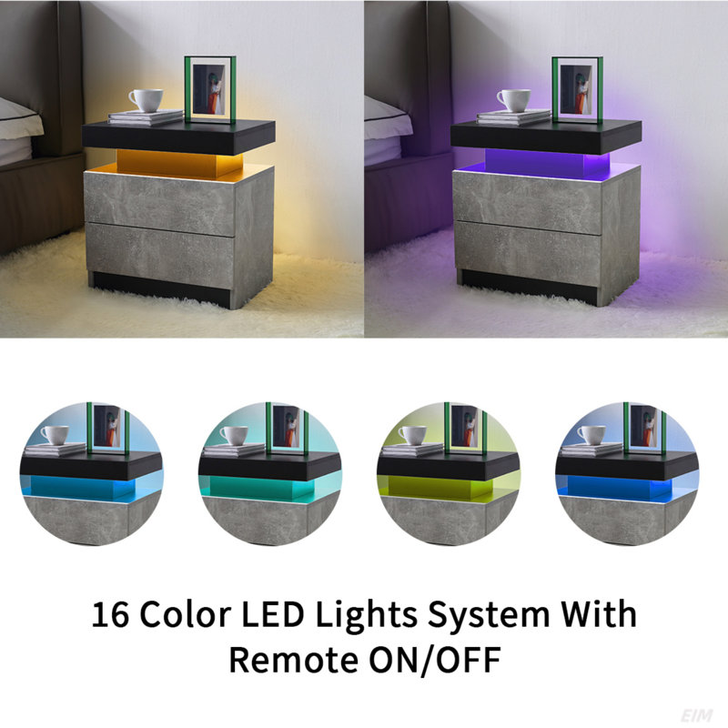 La table de chevet de la table de chevet LED illumine le côté moderne avec 2 tiroirs pour la chambre à coucher, Noir / gris