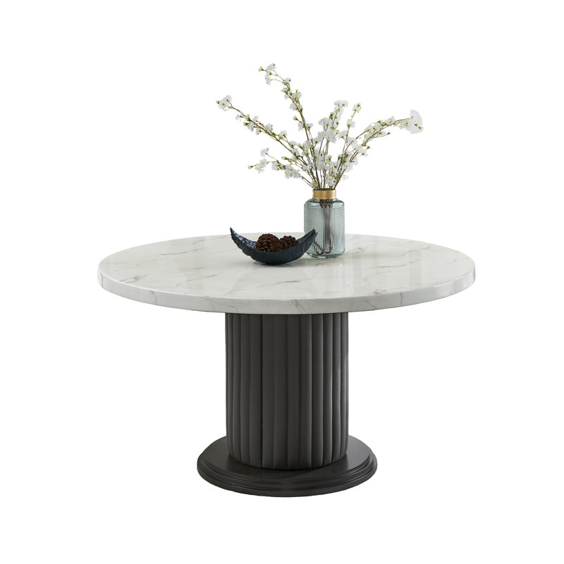 Table de salle à manger ronde Valencia de 54 po avec dessus en faux marbre et pied central rembourré – Blanc et gris