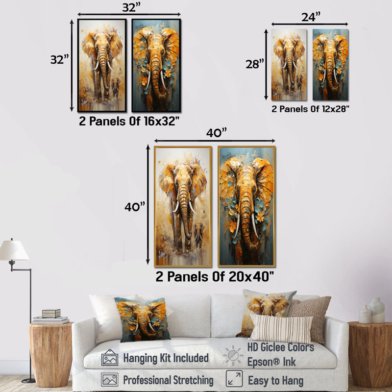 Éléphant, force symbolique, rêves - ensemble d'éléphants sur toile, ensemble de 2, Cadre noir, H 28 po x l 25 po